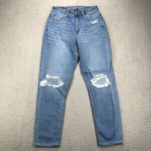 AMERICAN EAGLE Jeans Womens Size 2 MOM Distressed Torn Knee High Rise Blue Denim